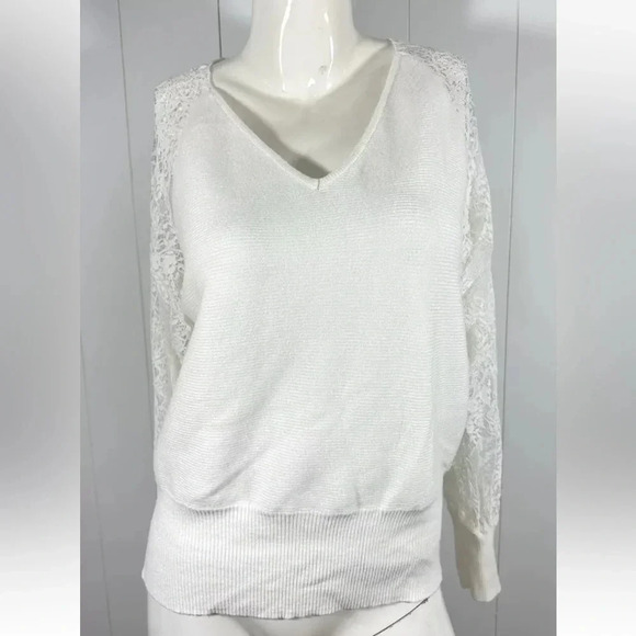 ZCSIA Sz L V-Neck Long Lace Mesh Sleeve Solid White Ribbed Knit Pullover - Picture 1 of 6